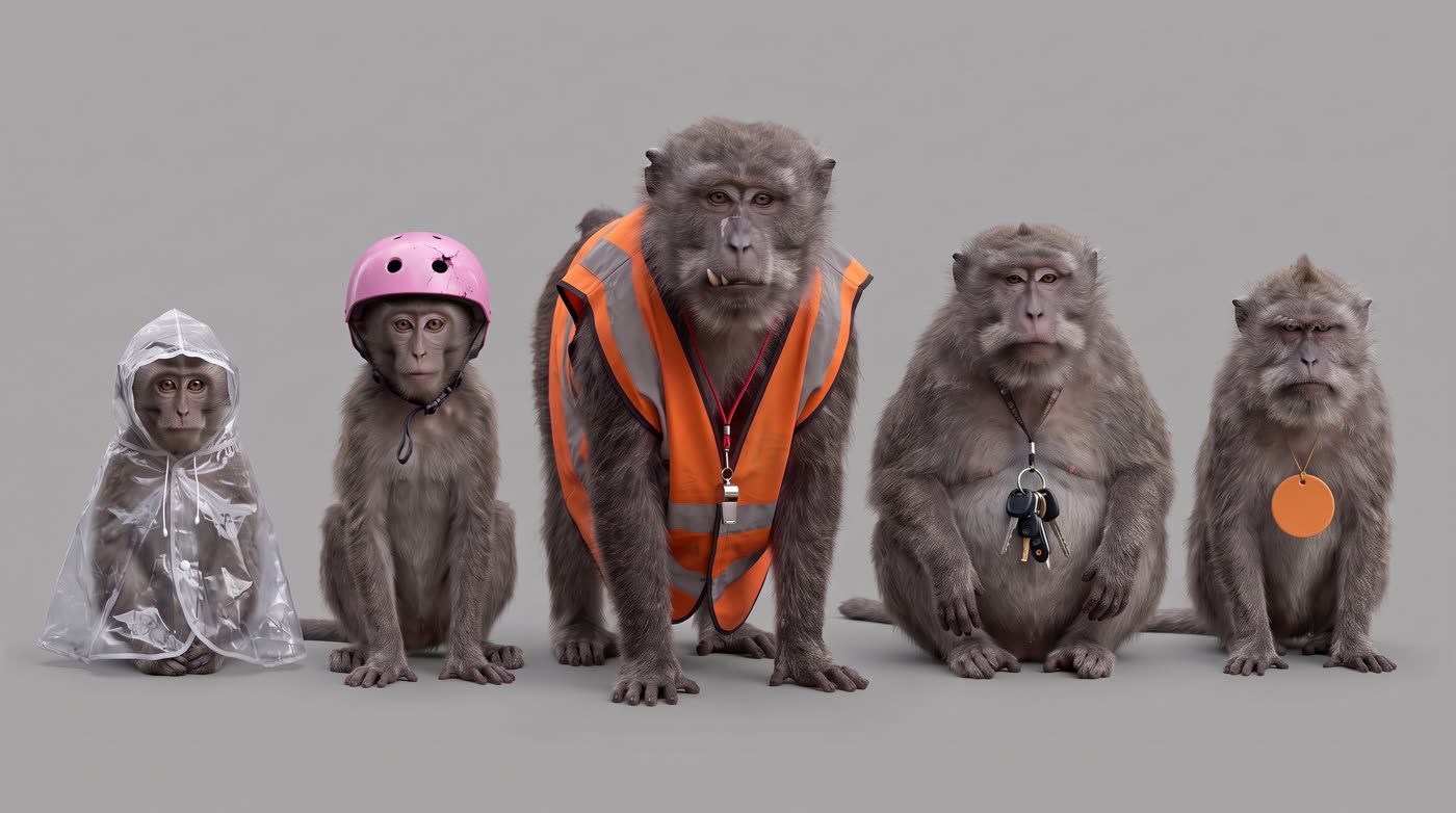 The Car Park Crew: five macaques in a police line-up, one in an orange hi-vis vest